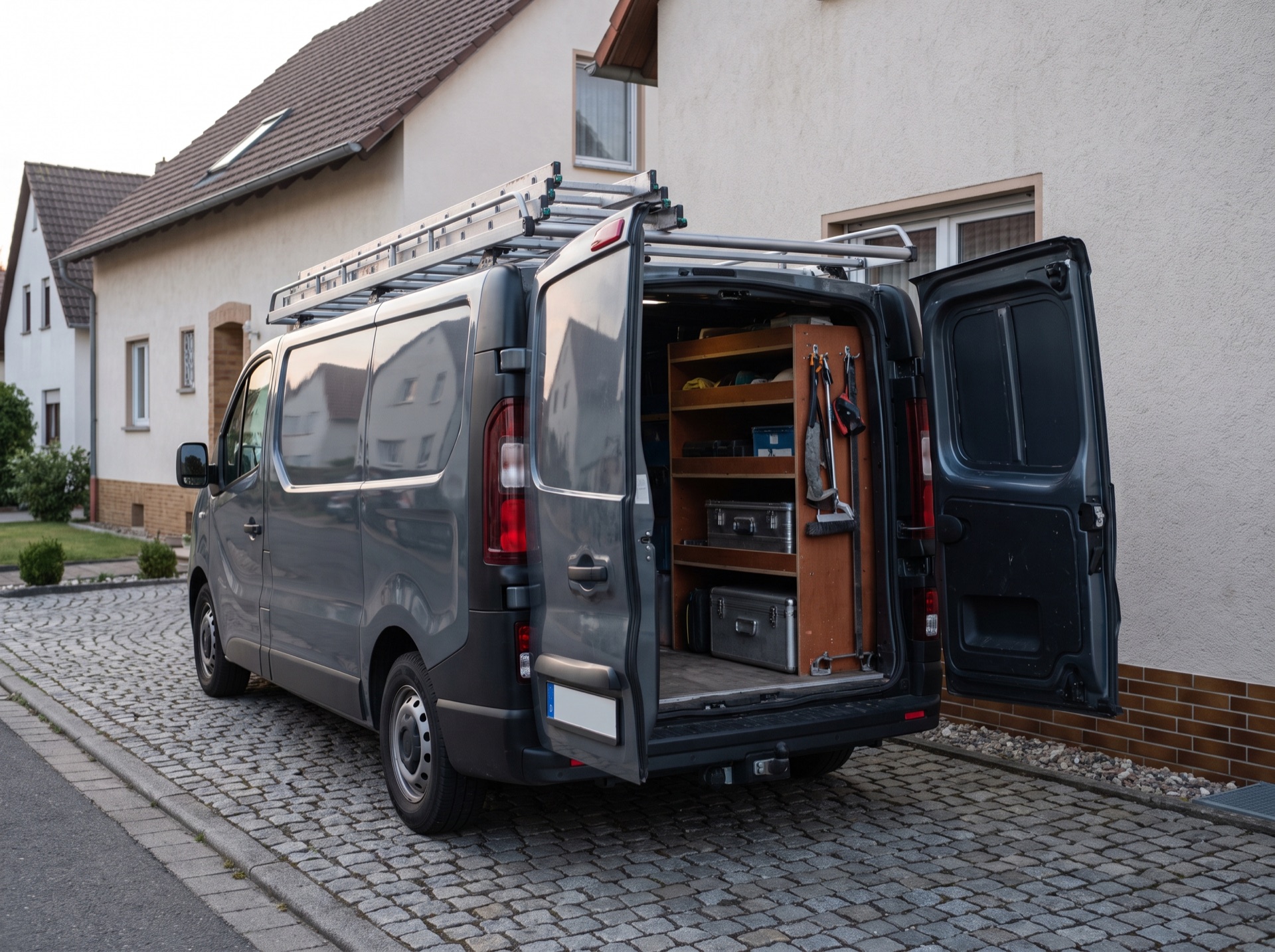 Werkstattwagen mit geordnetem Werkzeug vor einem Wohnhaus