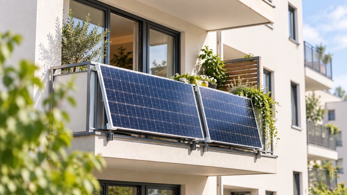 Zwei Solarmodule am Balkongeländer eines Mehrfamilienhauses