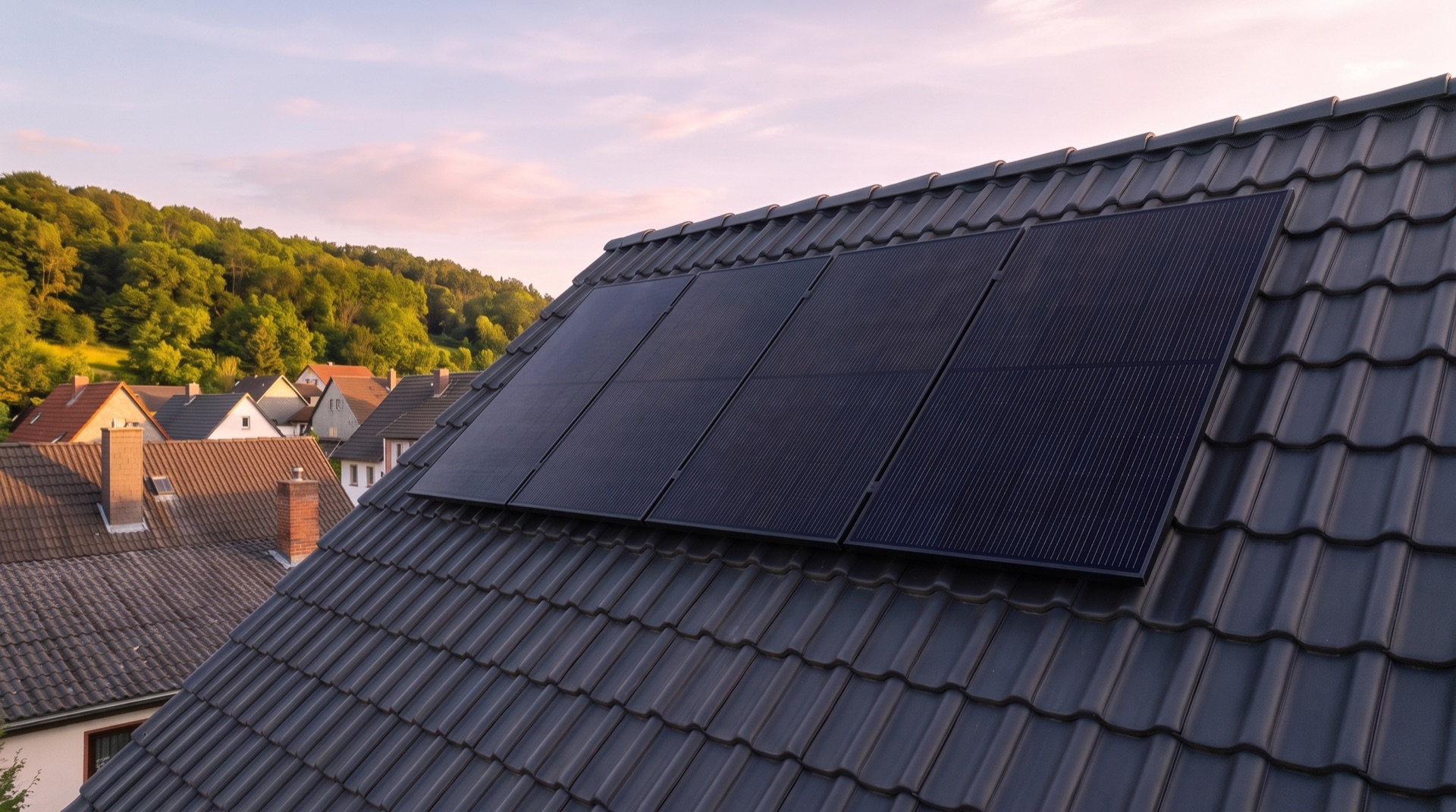 Vier Solarmodule auf einem Ziegeldach, Region Mendig