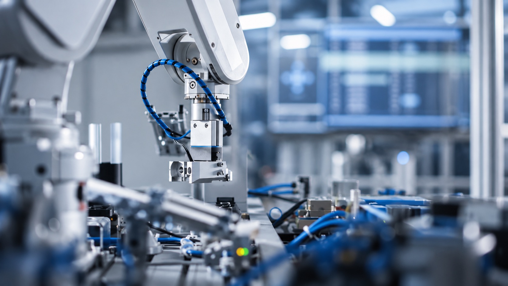 Elektromontage im Maschinenbau, Roboterarm mit Sensorik